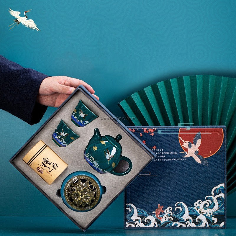 Chinese Sea Wave Crane Tea Set With Incense Burner