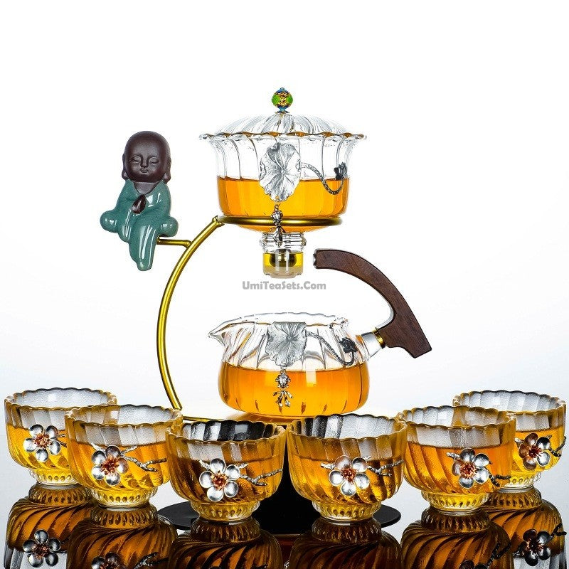 Automatic Glass Tea Set With Sliver Flower