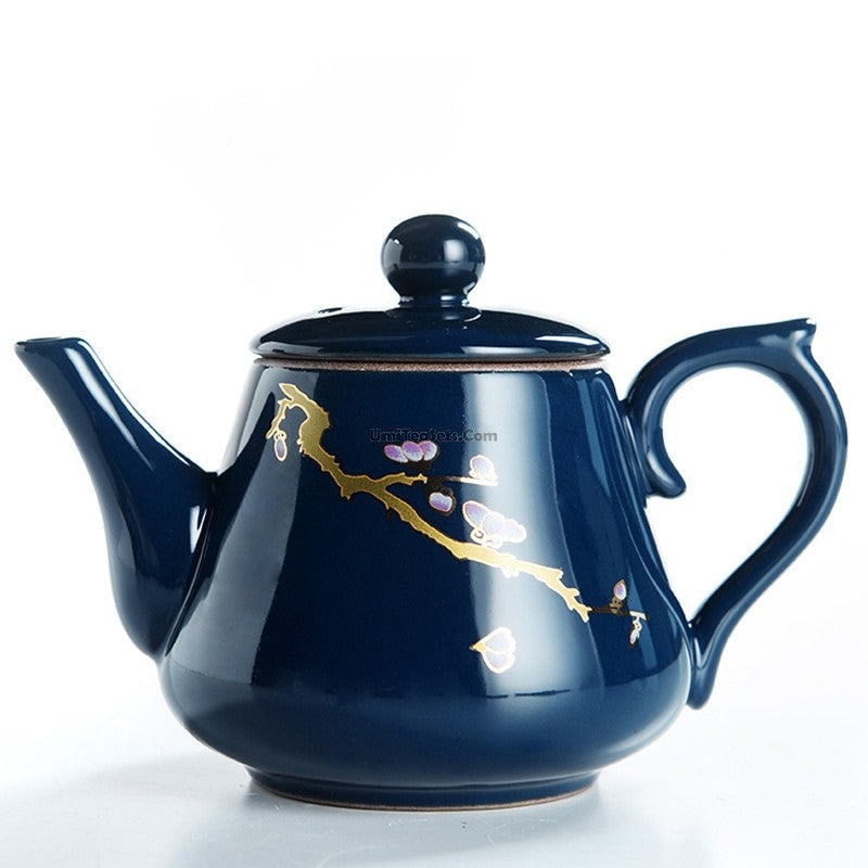 Chinese Blue Teapot With Golden Flowers