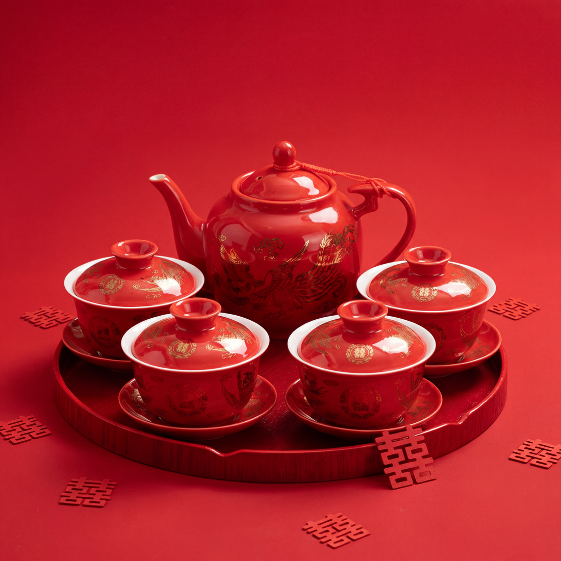 Chinese Wedding Teapot With Four Gaiwan