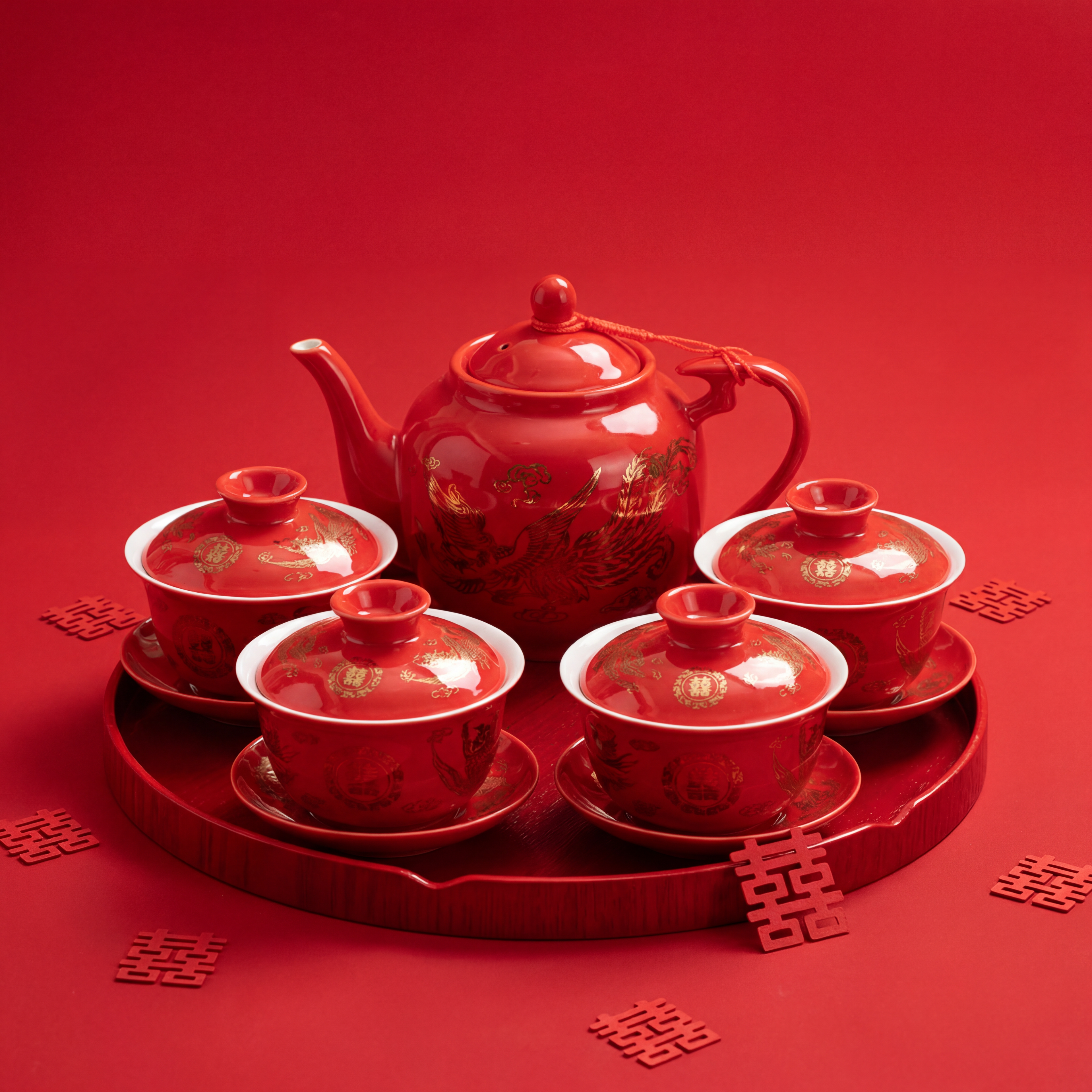Chinese Wedding Teapot With Four Gaiwan