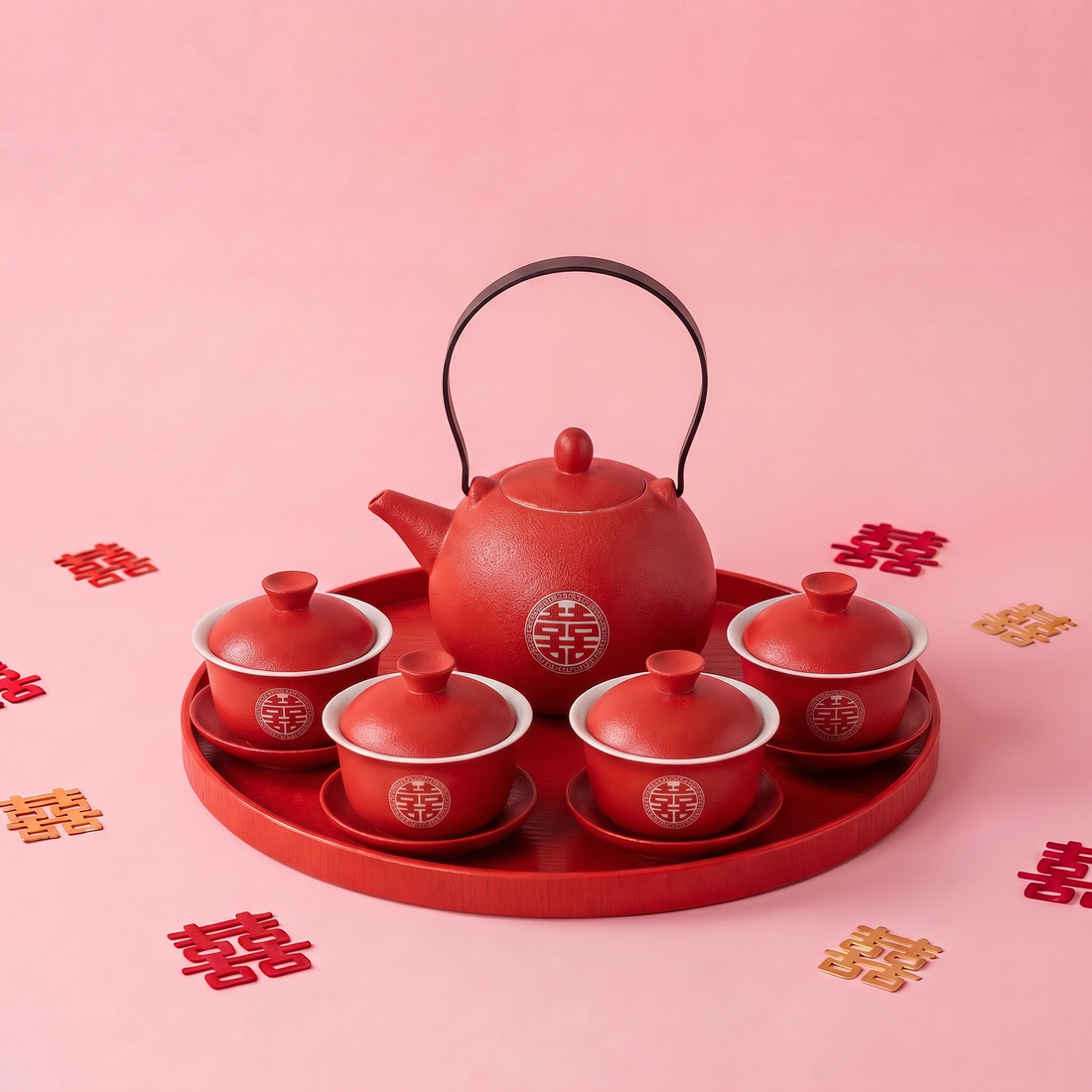 Double Happiness Teapot With Four Gaiwans