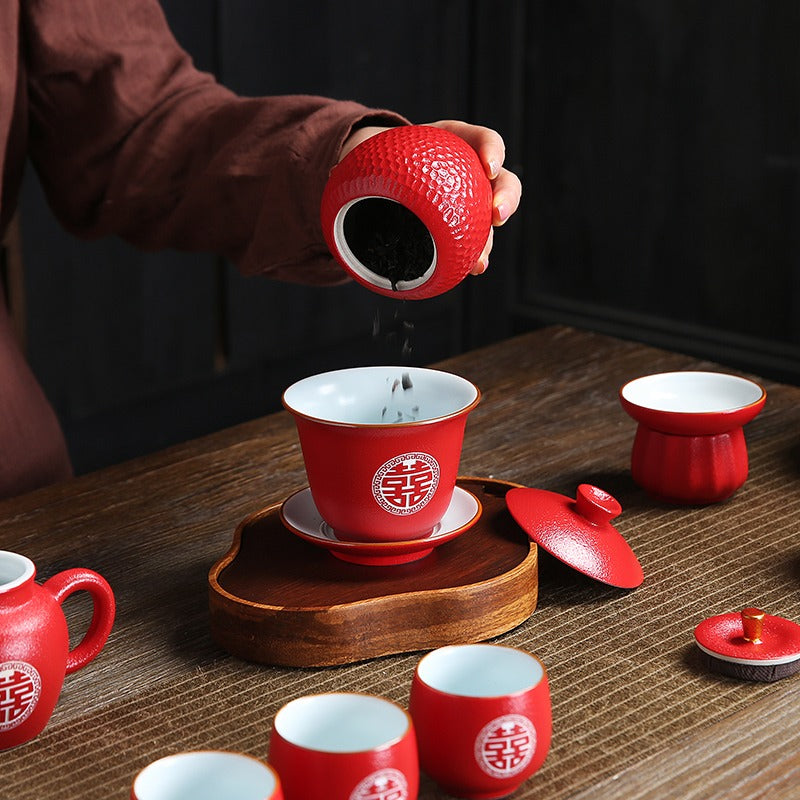 Chinese Double Happiness Red Wedding Tea Set