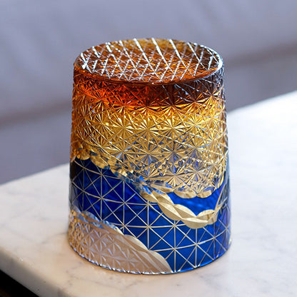 Edo Kiriko Prism Amber Chrysanthemum Whiskey Glass Tea Cup