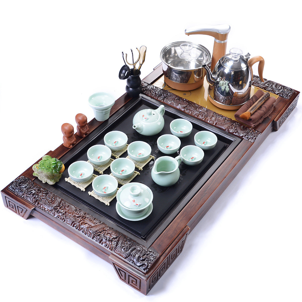 Jade Porcelain Fish Tea Set With Dragon Tea Tray