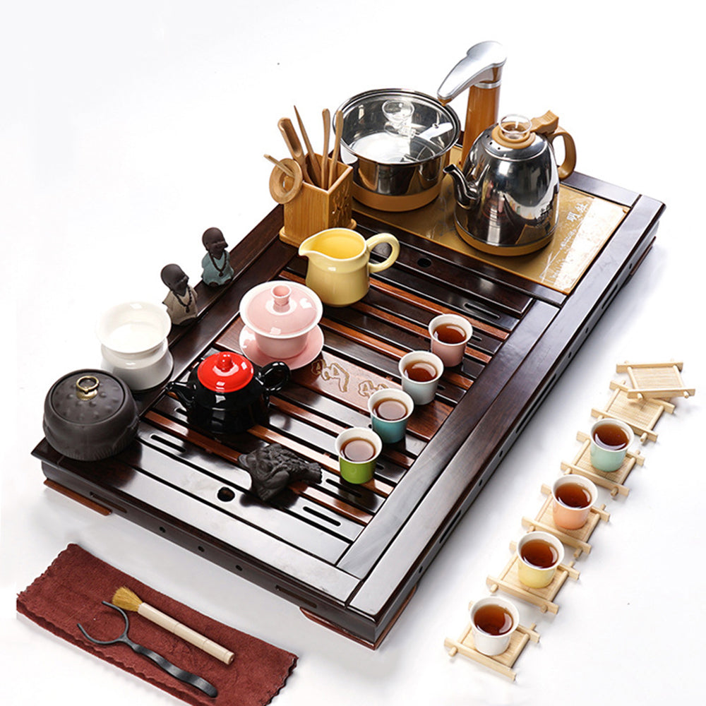 Colorful Ceramic Tea Set With Rosewood Ebony Tea Tray