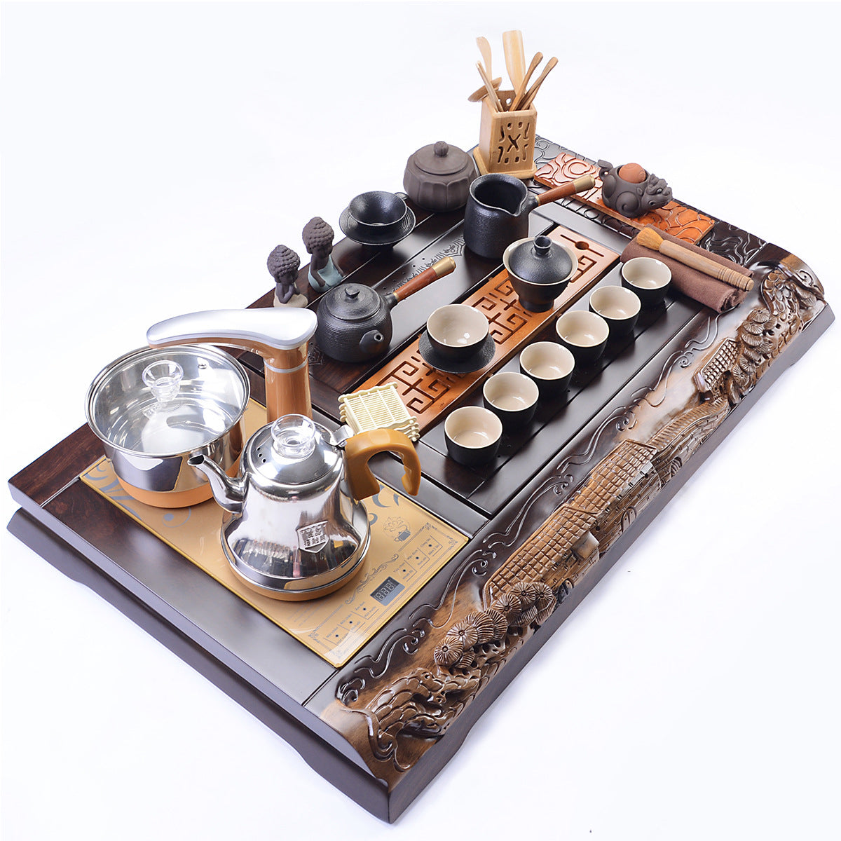 Black Pottery Tea Set With Carved Ebony Tea Tray
