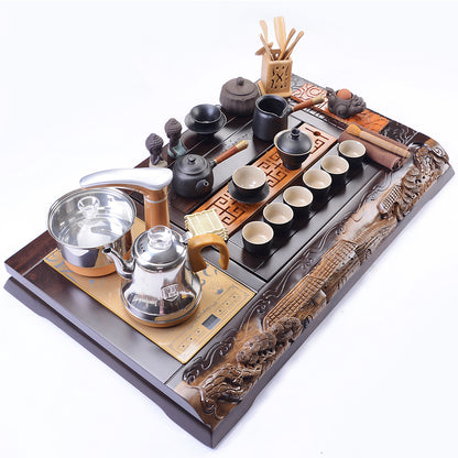 Black Pottery Tea Set With Carved Ebony Tea Tray