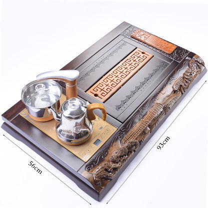 Black Pottery Tea Set With Carved Ebony Tea Tray