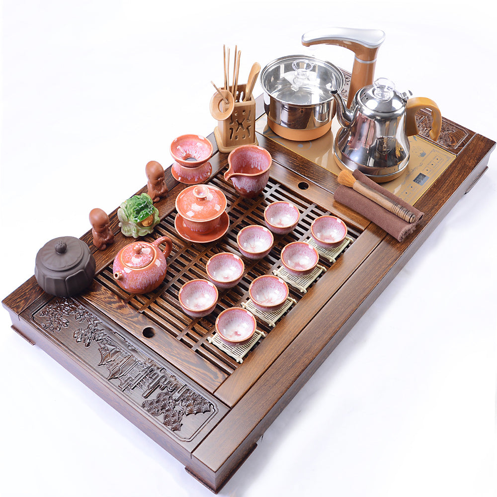 Red Ceramic Gongfu Tea Set With Wenge Tea Tray