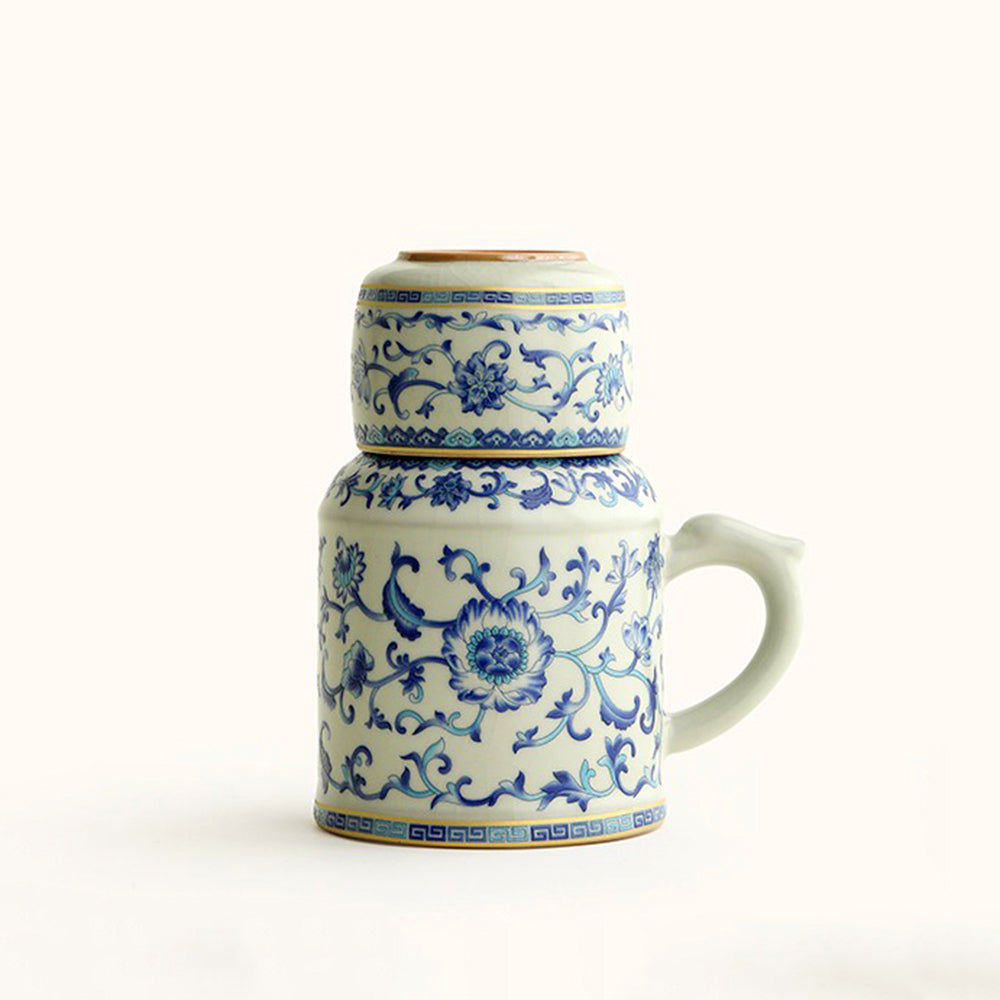 Blue And White Ruyao Twig Flowers Tea Cup Set