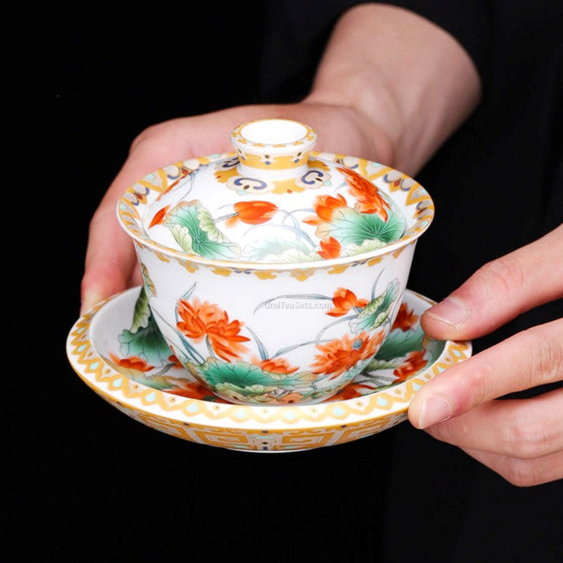 Chinese Orange Lotus Porcelain Tea Set