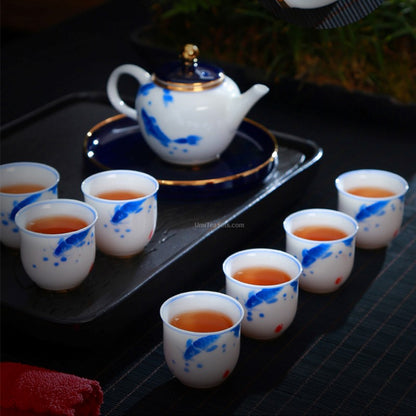 White And Blue Porcelain Hand Painted Goldfish Tea Set