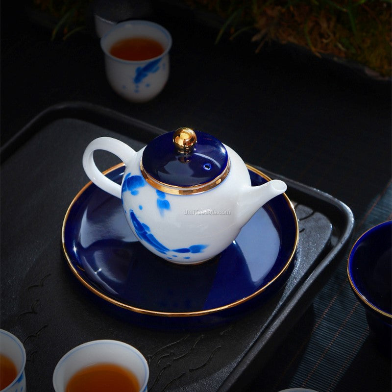 White And Blue Porcelain Hand Painted Goldfish Tea Set