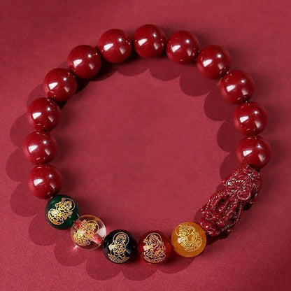 Five Gods of Wealth &amp; Pixiu Cinnabar Bead Bracelet
