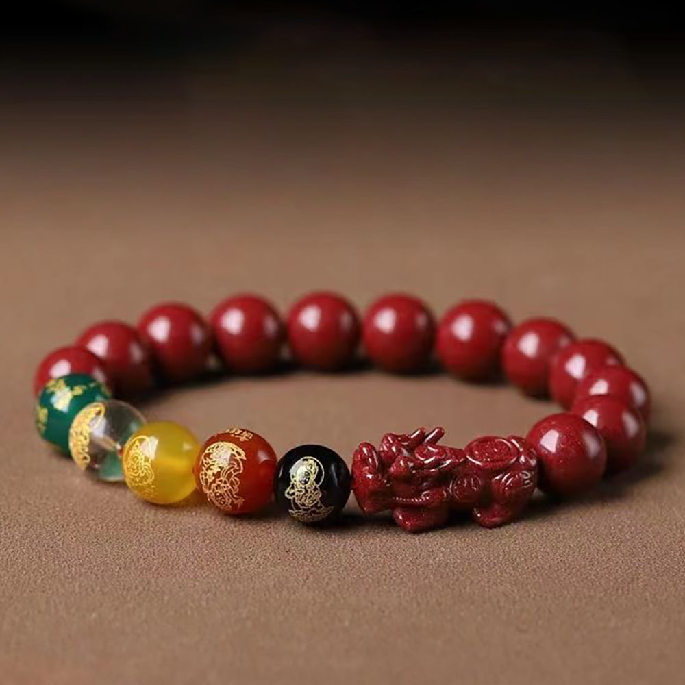 Five Gods of Wealth &amp; Pixiu Cinnabar Bead Bracelet