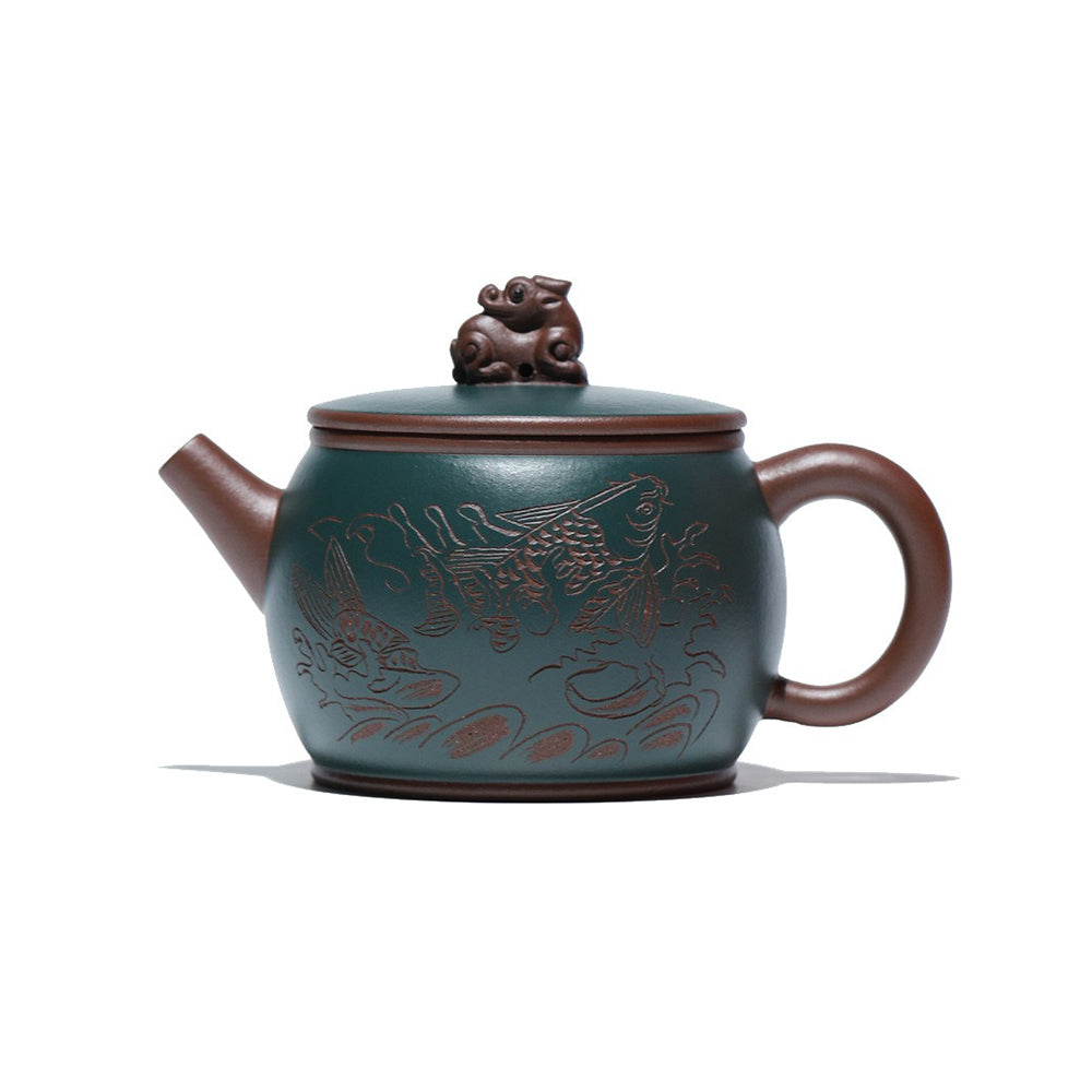 Yixing Purple &amp; Green Clay Koi Teapot