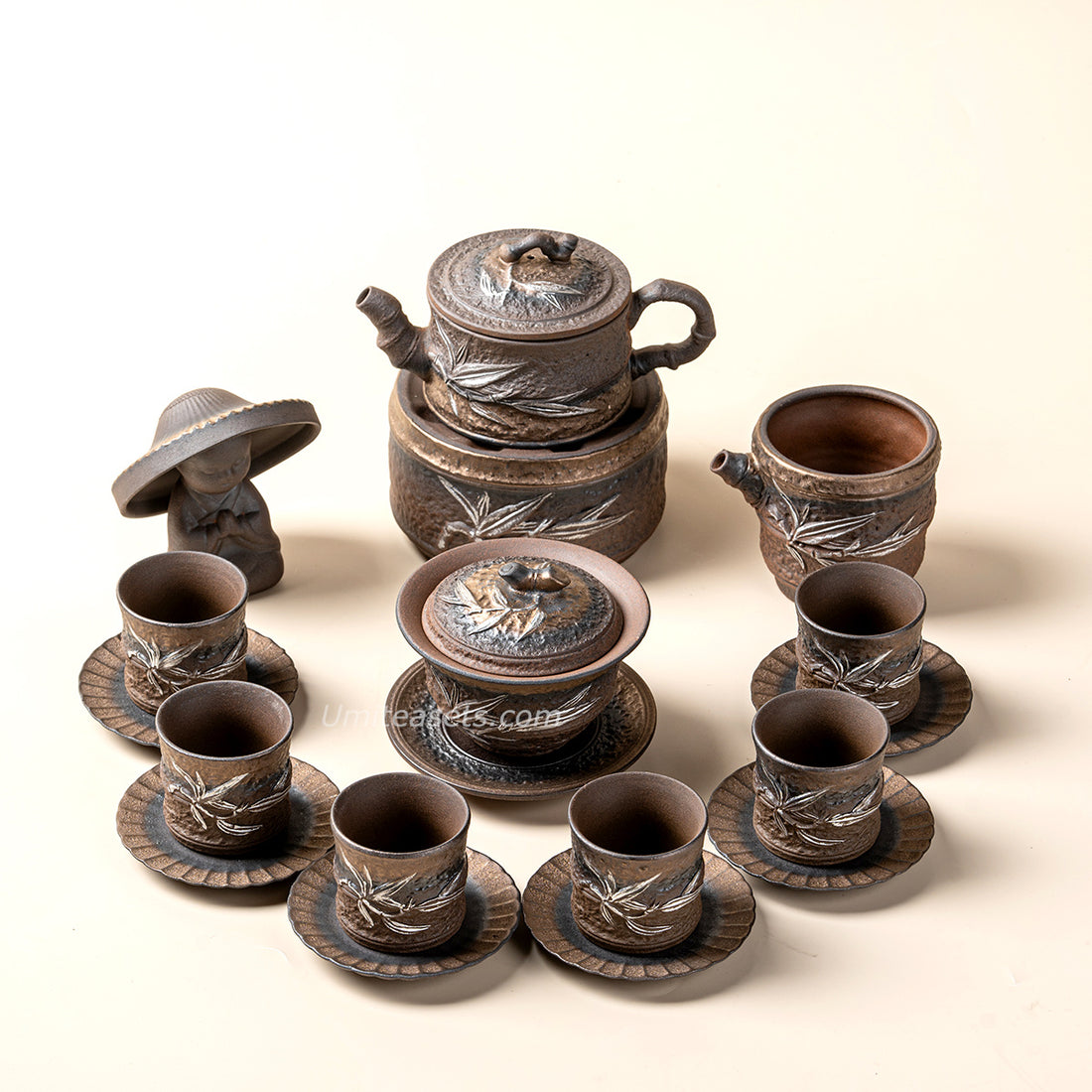 Japanese Pottery Gilded Iron Glaze Bamboo Tea Set
