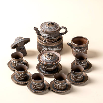 Japanese Pottery Gilded Iron Glaze Bamboo Tea Set