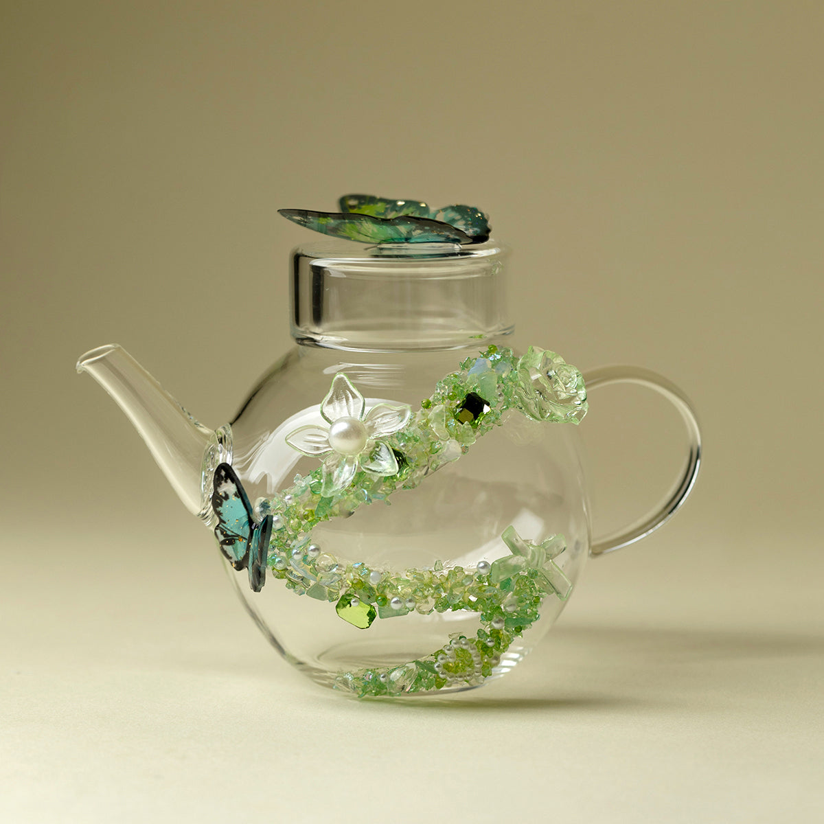 Green Butterfly Borosilicate Glass Teapot