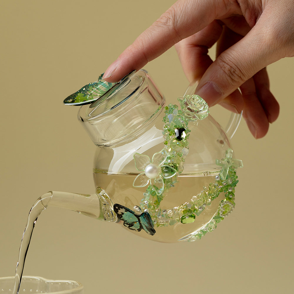 Green Butterfly Borosilicate Glass Teapot