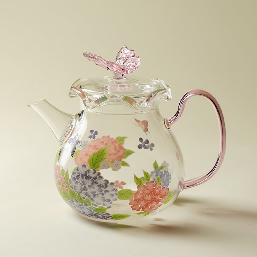 Pink Butterfly And Hydrangea Borosilicate Glass Teapot