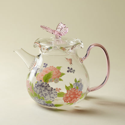 Pink Butterfly And Hydrangea Borosilicate Glass Teapot