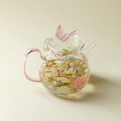 Pink Butterfly And Hydrangea Borosilicate Glass Teapot