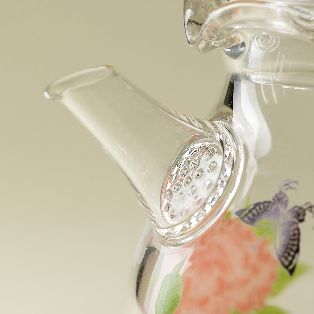 Pink Butterfly And Hydrangea Borosilicate Glass Teapot