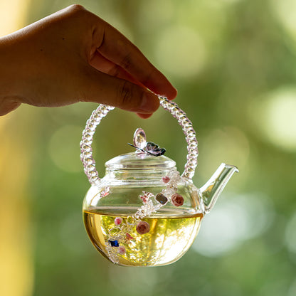 Pink Rose And Butterfly Borosilicate Glass Teapot