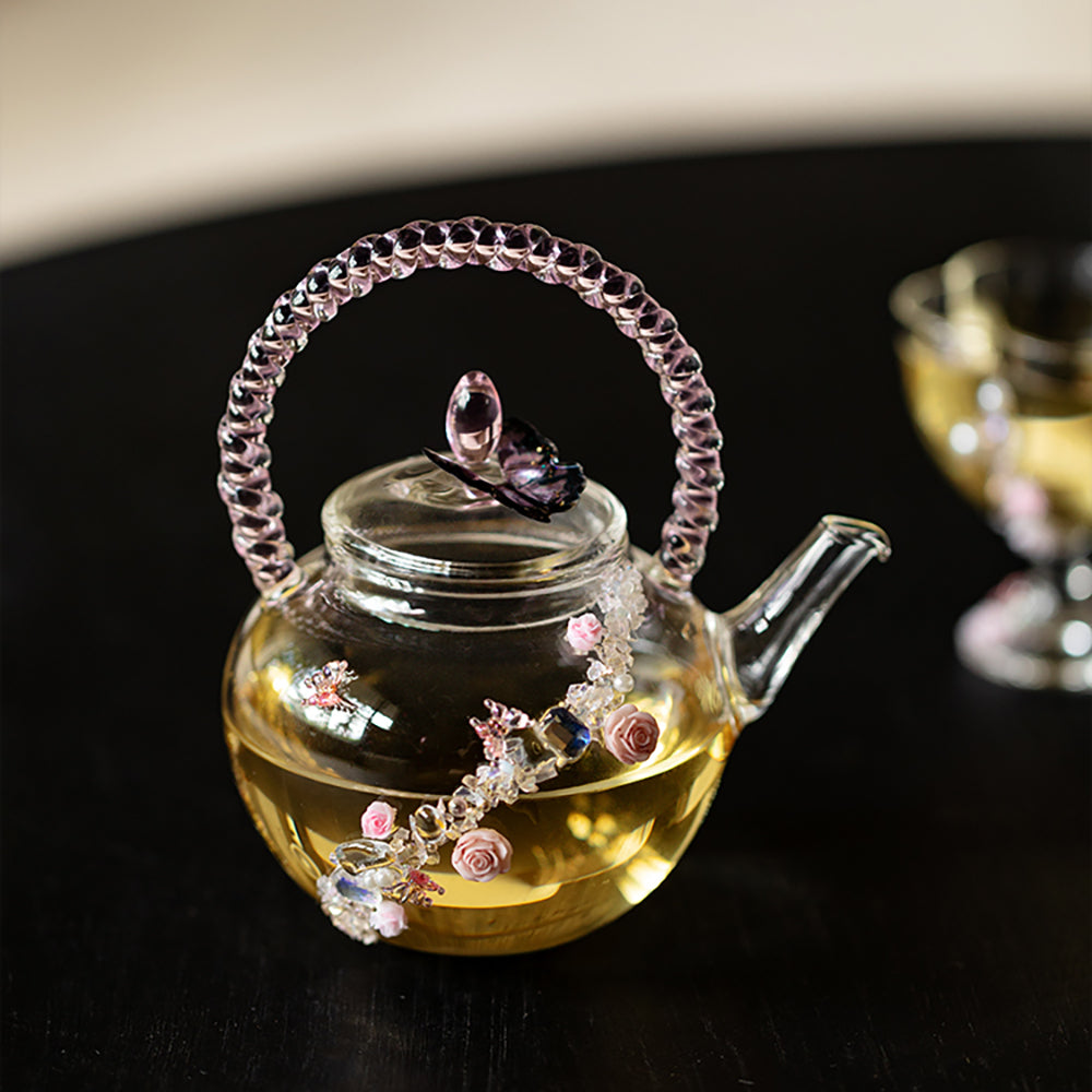 Pink Rose And Butterfly Borosilicate Glass Teapot