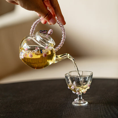 Pink Rose And Butterfly Borosilicate Glass Teapot