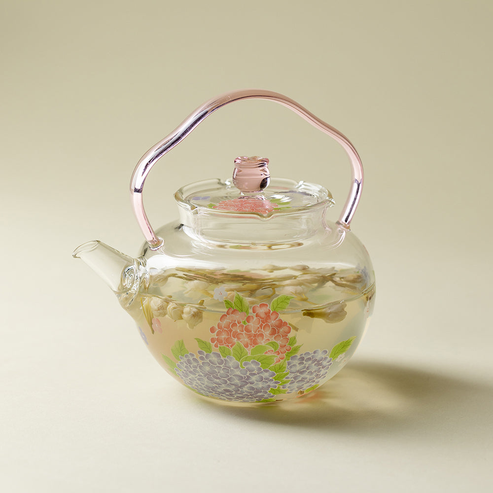 Pink Hydrangea Borosilicate Glass Teapot