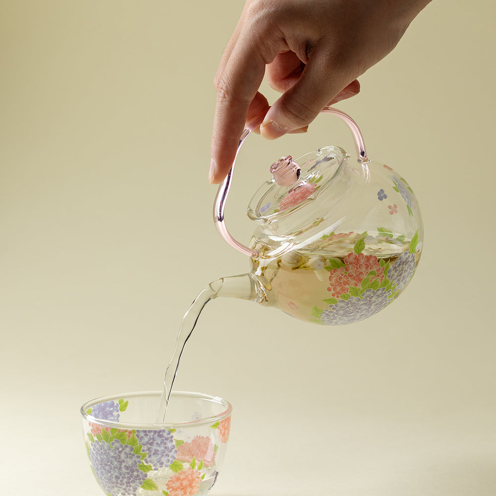 Pink Hydrangea Borosilicate Glass Teapot