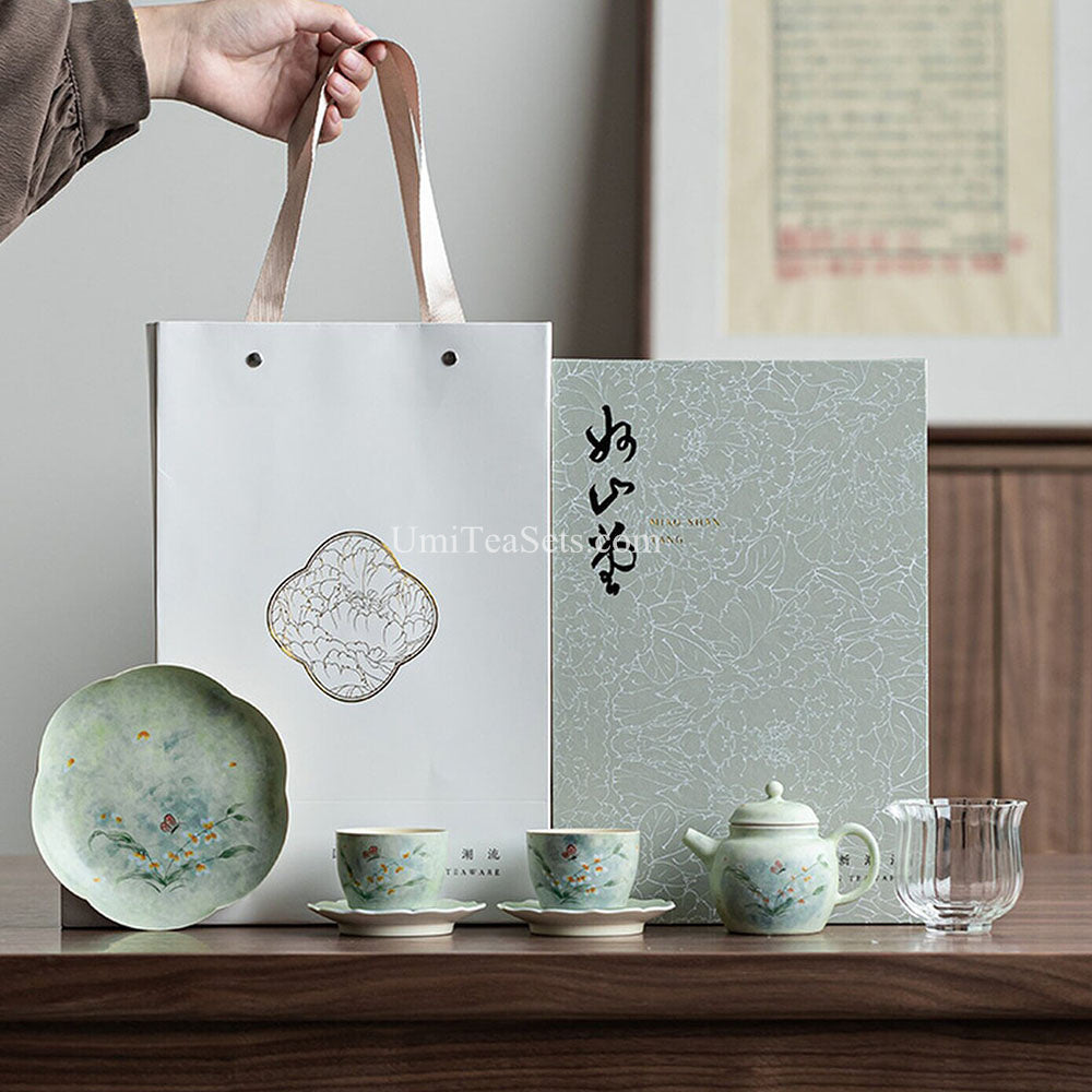 Green Glazed Orchid And Butterfly Tea Set