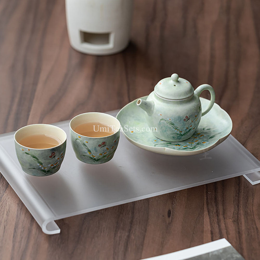 Green Glazed Orchid And Butterfly Tea Set