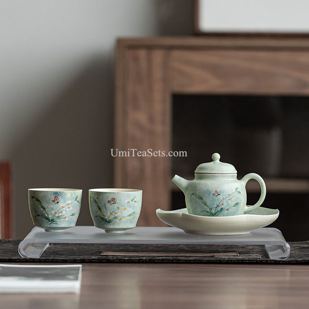 Green Glazed Orchid And Butterfly Tea Set