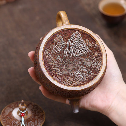 Yixing Dragon Bone Gold Sand Landscape Teapot