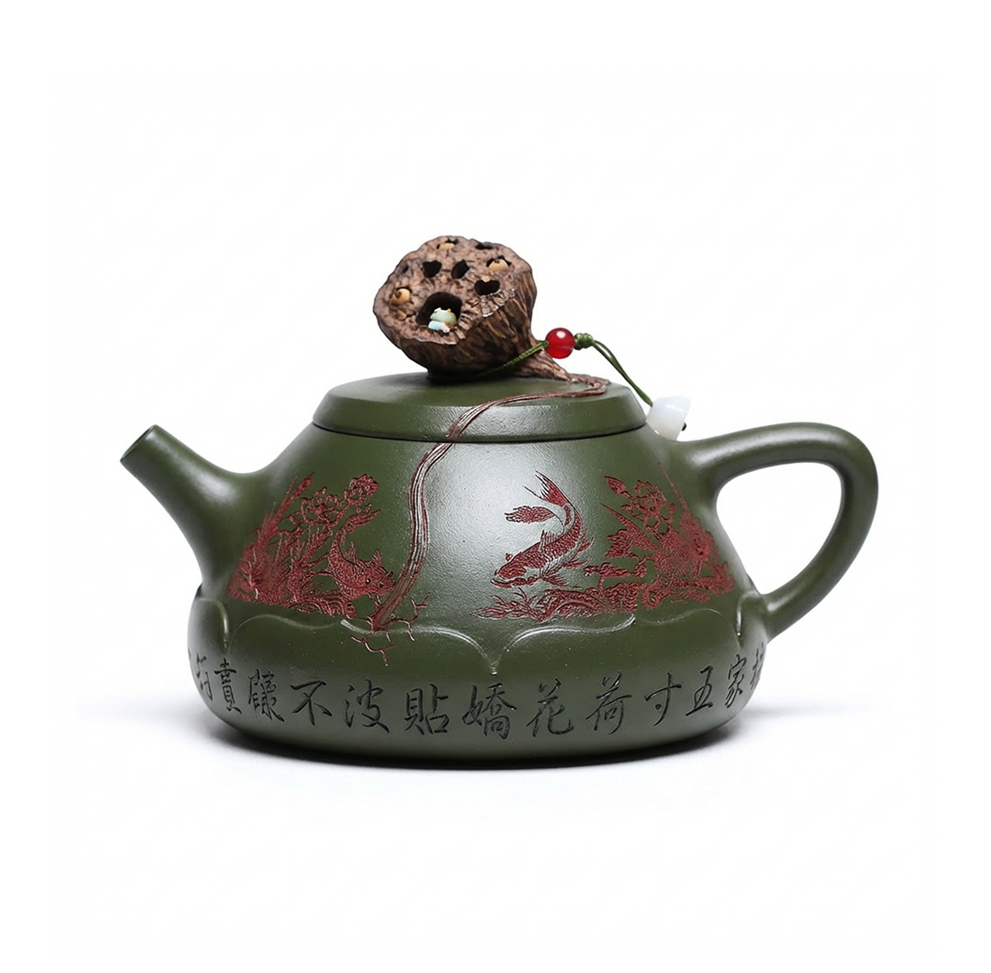 Yixing Green Clay Lotus Shi Piao Teapot