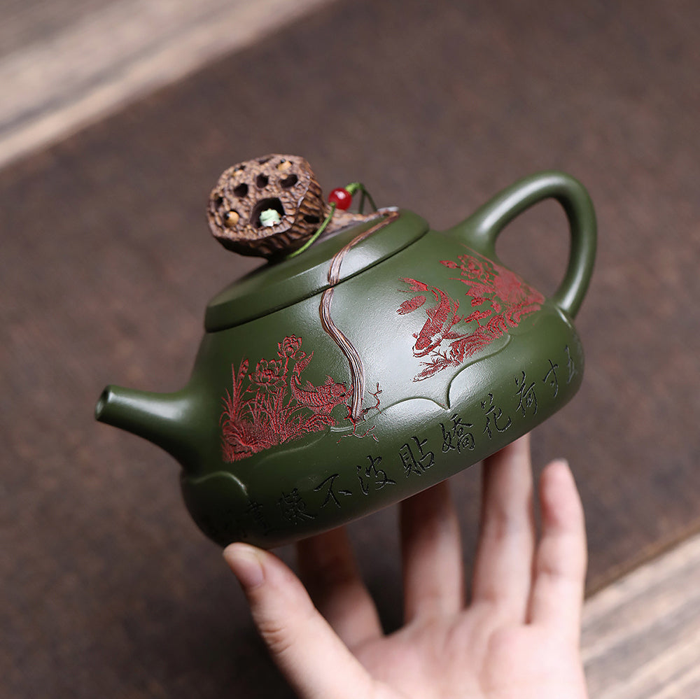 Yixing Green Clay Lotus Shi Piao Teapot
