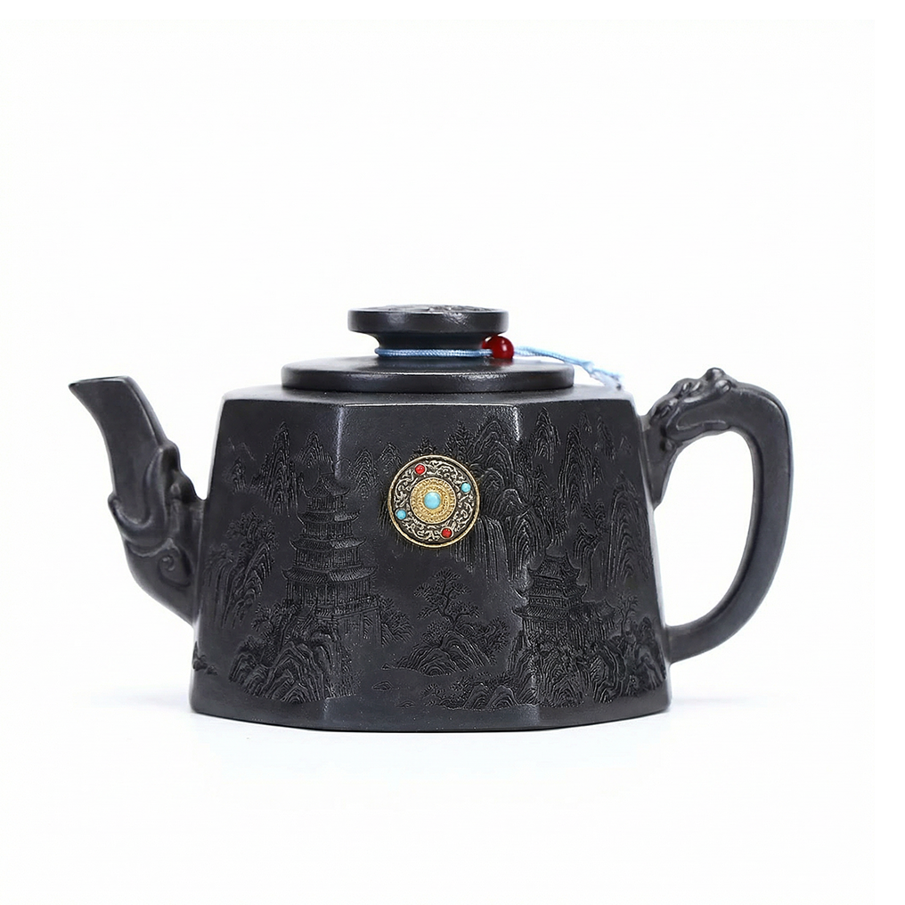 Yixing Stone Yellow Clay Landscape Octagon Teapot