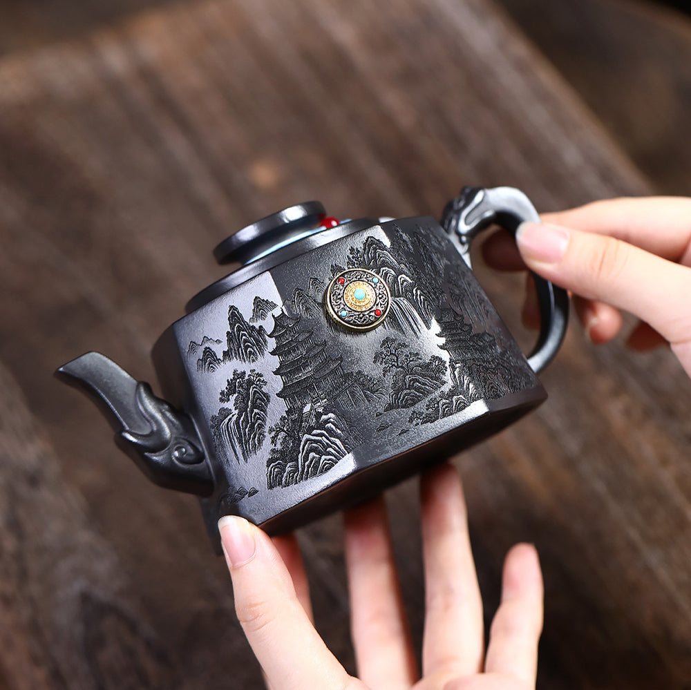 Yixing Stone Yellow Clay Landscape Octagon Teapot