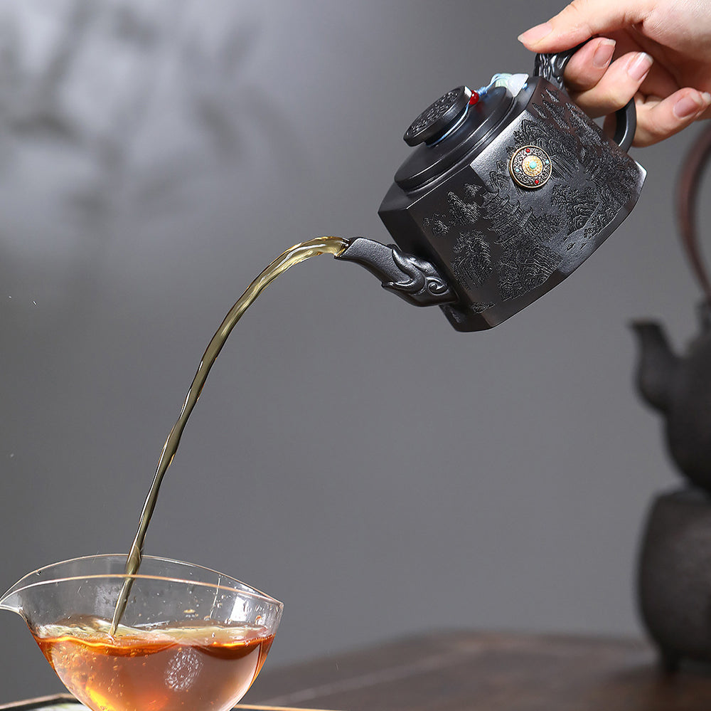 Yixing Stone Yellow Clay Landscape Octagon Teapot