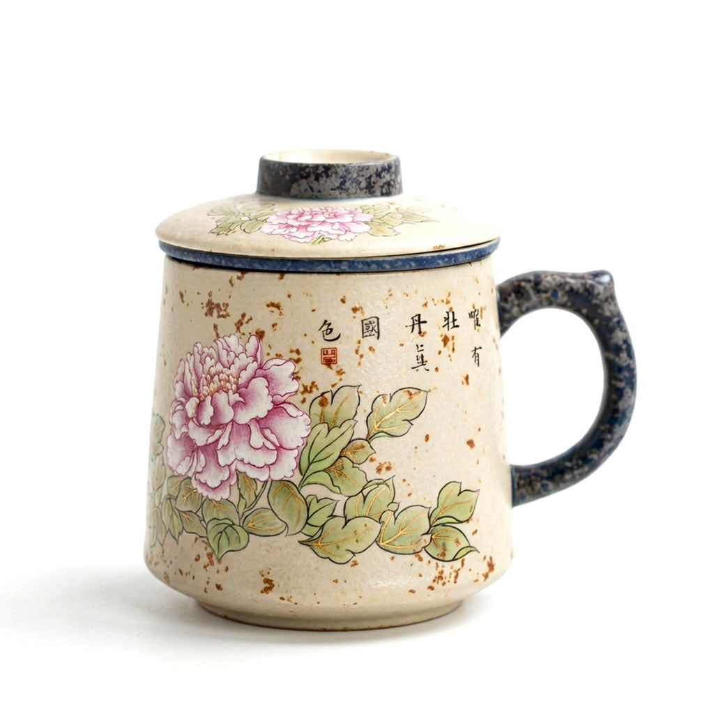 Flint Red Ceramic Peony Tea Cup With Infuser