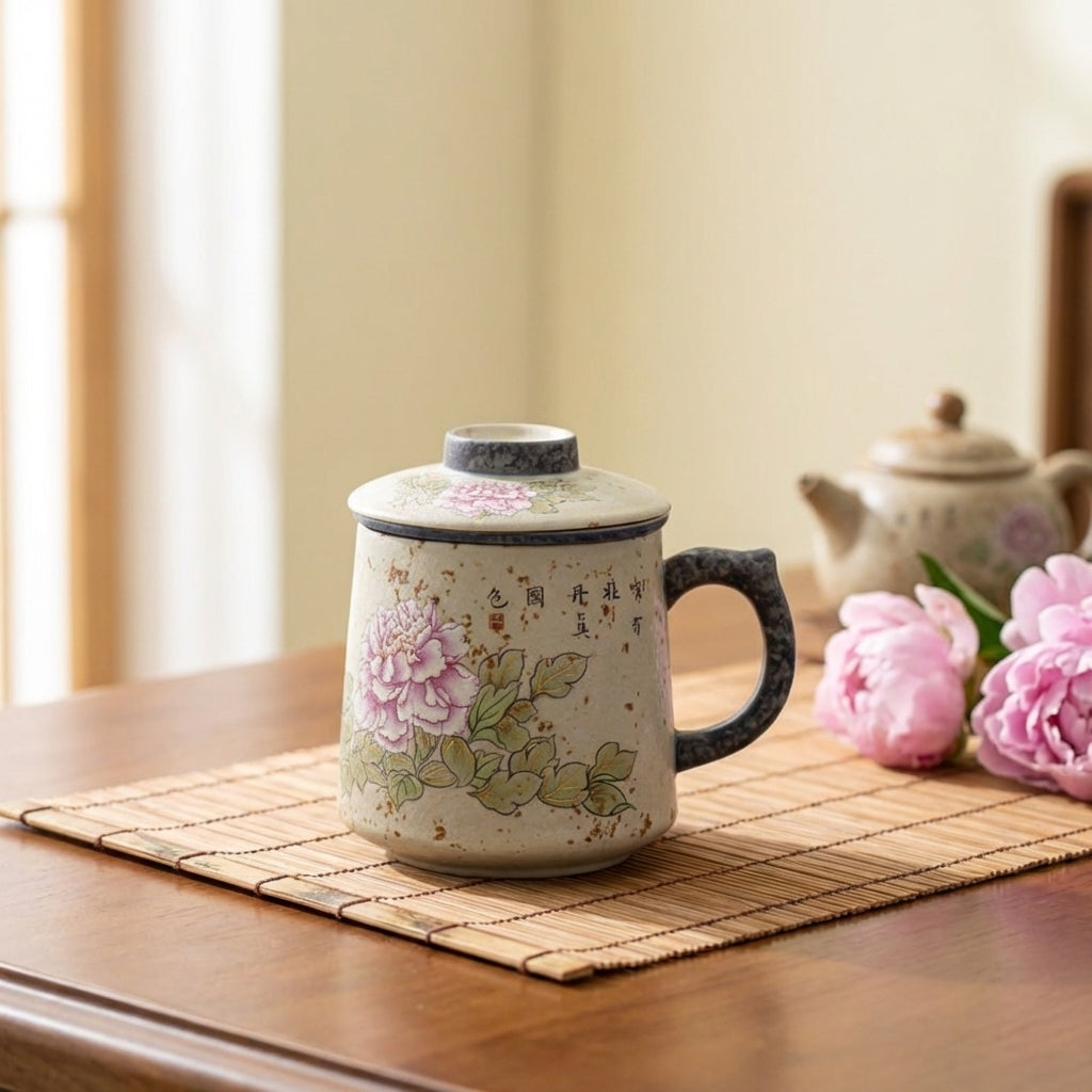 Flint Red Ceramic Peony Tea Cup With Infuser