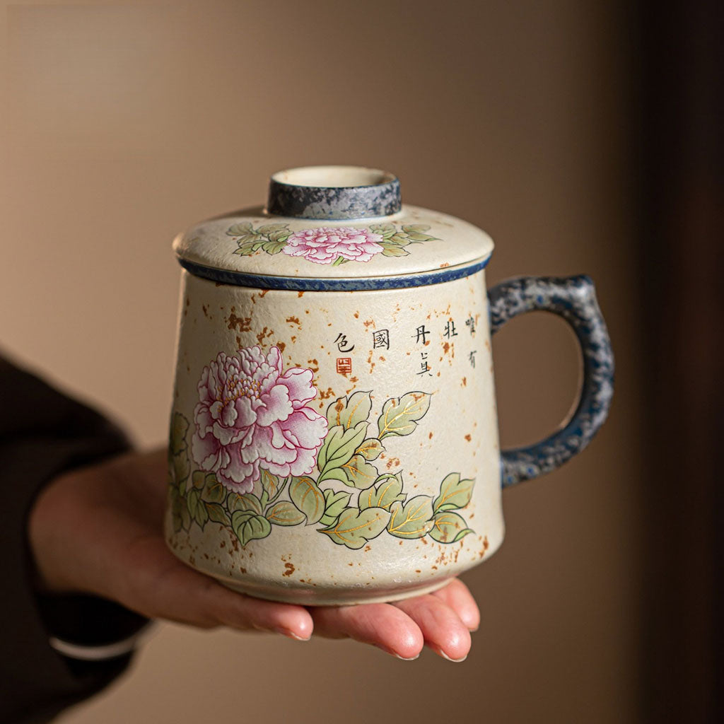 Flint Red Ceramic Peony Tea Cup With Infuser