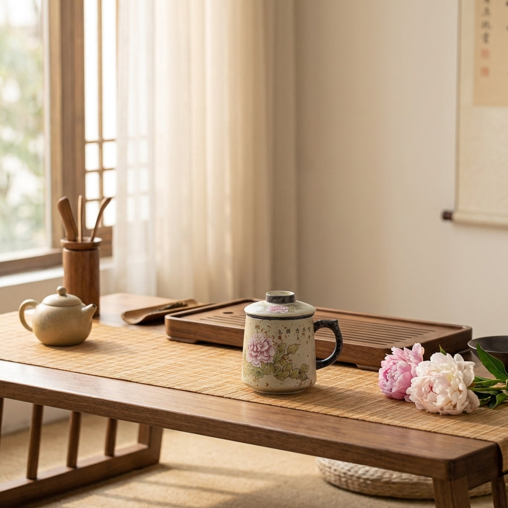 Flint Red Ceramic Peony Tea Cup With Infuser