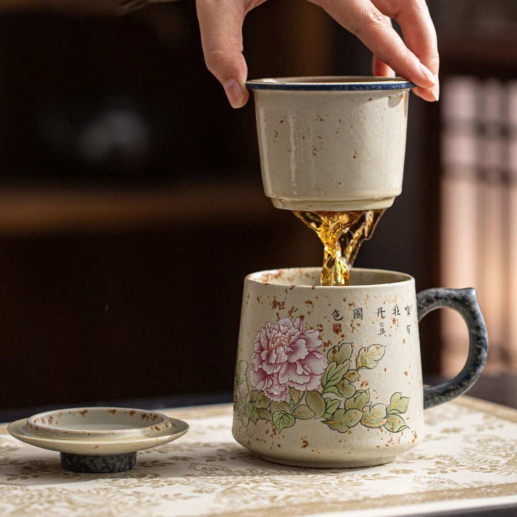 Flint Red Ceramic Peony Tea Cup With Infuser