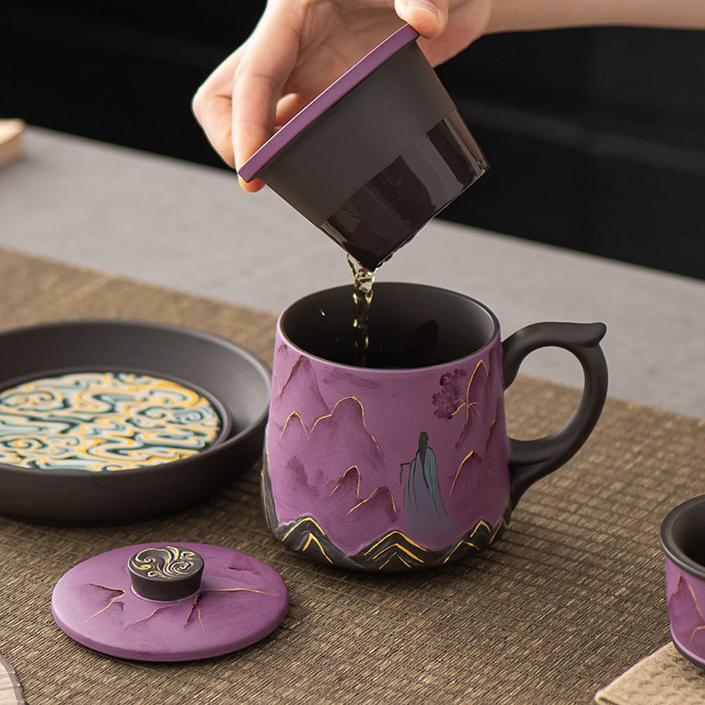 Yixing Purple Clay Landscape Beauty Tea Cup Set