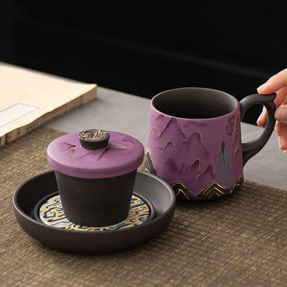 Yixing Purple Clay Landscape Beauty Tea Cup Set